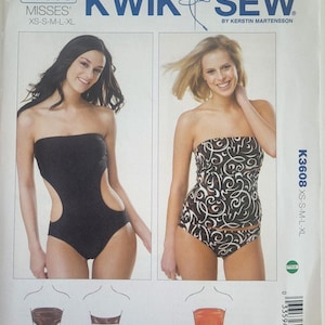 May include: Kwik Sew pattern K3608 for misses' sizes XS-XL. The envelope features two strapless swimsuit designs: a solid black cutout one-piece and a two-piece set with a black and white swirl print top and matching bottoms.