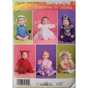 May include: Simplicity pattern 2524 for baby costumes. The pattern features six baby costume designs, including a knight, devil, angel, and other outfits. The text "costumes for babies" is displayed at the top of the pattern.