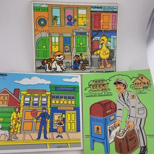 Lot of 3 Vintage Wooden Puzzles PlaySkool & Judy, Mailman, Sesame Street, City Officers