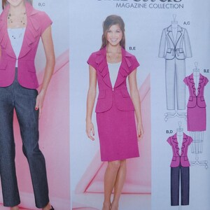 Könnte beinhalten: Ein Magazincover mit dem Titel "threads", das eine Frau in einem pinkfarbenen Anzug mit Rüschenjacke und Rock zeigt. Zusätzliche Anzugstile sind rechts abgebildet. Das Magazin ist eine Sammlung.