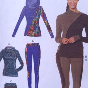 May include: A pattern sheet featuring athletic wear designs. The designs include a hooded top with a color-blocked design and leggings. The color palette includes blue, brown, and a multicolored pattern.