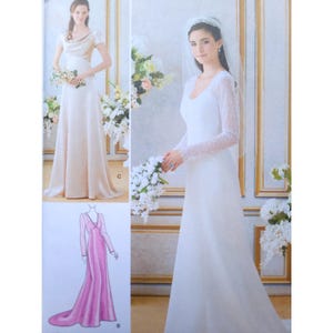 May include: A wedding dress pattern showing three bridal gown designs. One is a blush-coloured, floor-length gown with a cowl neckline. Another is a white, long-sleeved gown with a V-neck. The third is a pink, long-sleeved gown with a train.