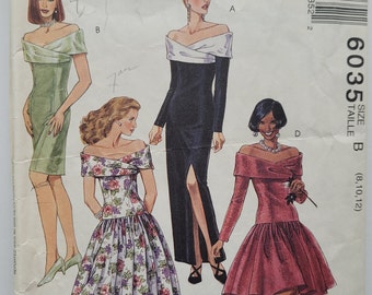 1990s Vintage UNCUT Sewing Pattern for Off Shoulder Princess Seam Gown, Prom Dress - Sizes 8-12, B31.5 B32.5 B34" - McCalls 6035 G