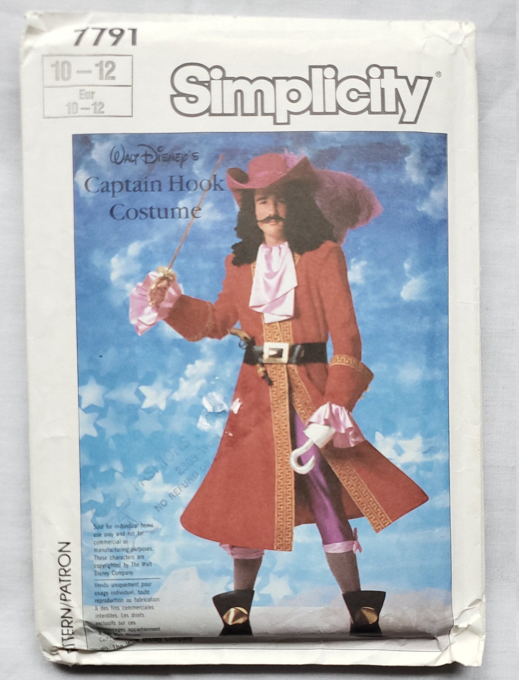 Captain Hook Costume Teen or Tween Costume Sewing Pattern Size 10-12 Chest  28.5-30 Simplicity 7791 G 