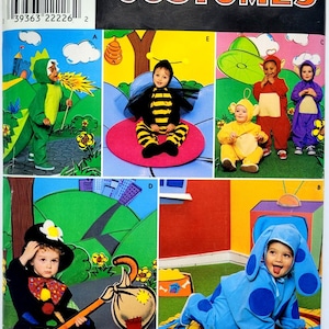May include: A Simplicity Costumes sewing pattern envelope featuring illustrations of children in various outfits including a green dragon, a black and yellow bee, colorful character suits, a clown with a bindle, and a blue dog costume.
