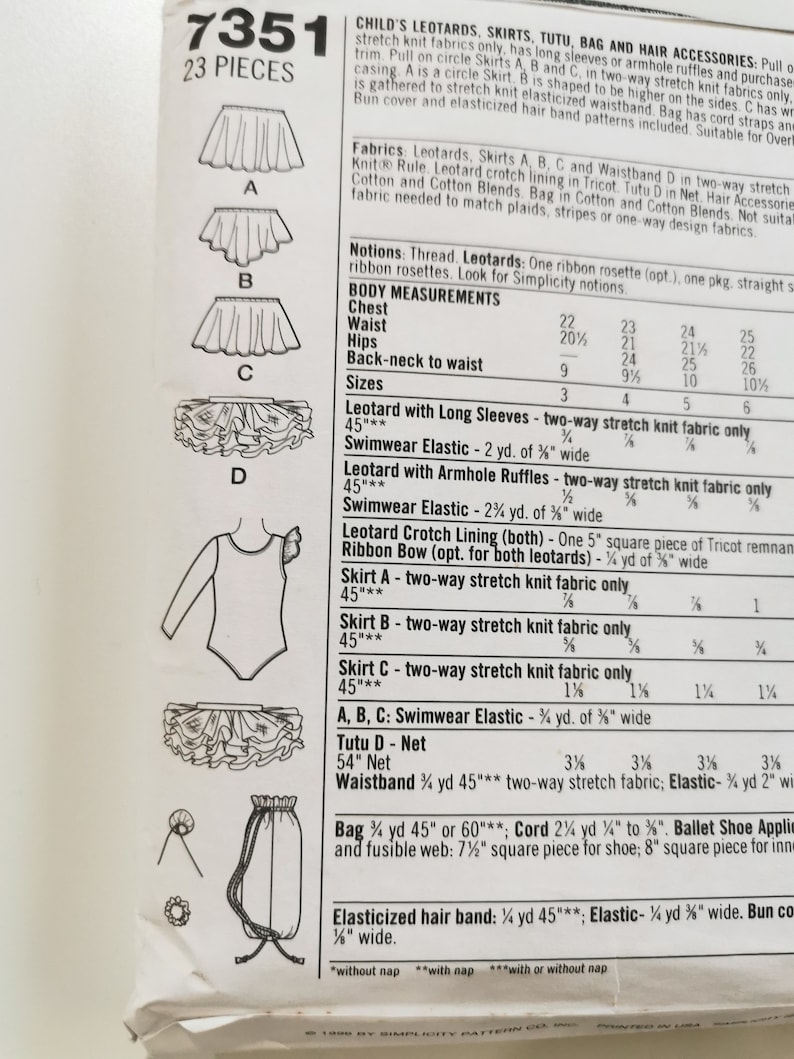 Sewing Pattern for Child's Tutu, Leotard, Dance Skirts, Bag, Bun Cover and Scrunchie Sizes 5 6 7 8 Chest 24-27 61-69 cm Simplicity 7351 image 4