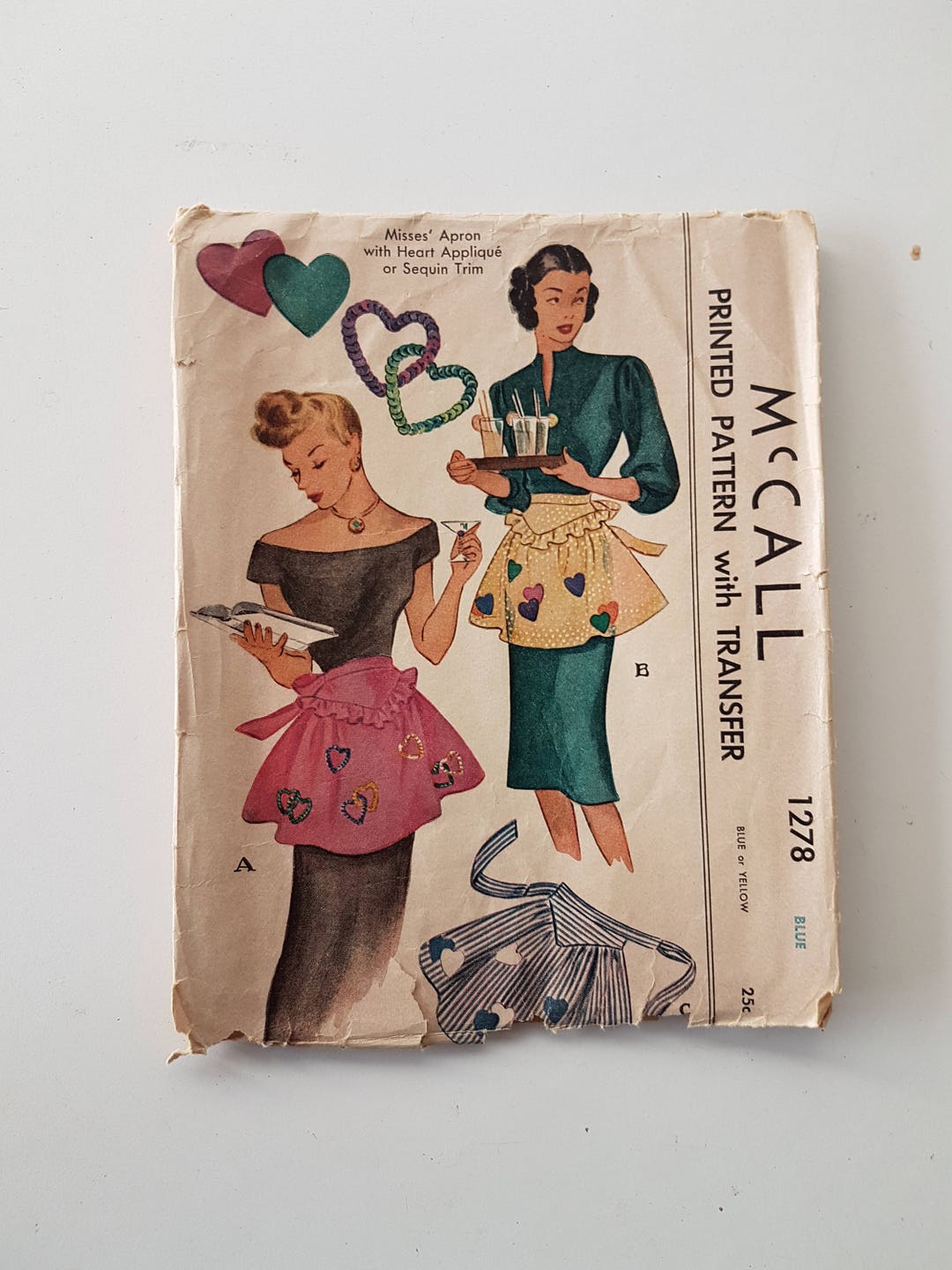 1940s Sewing Pattern for Apron With Heart Applique - Half Apron Sewing ...