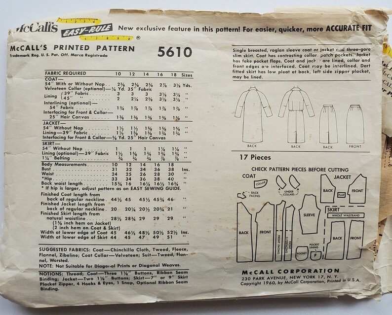 Vintage Size 14 B34 60s Sewing Pattern for Single-Breasted Coat and Skirt Suit w Lined Jacket Coat Pattern McCalls 5610 G Bust 34