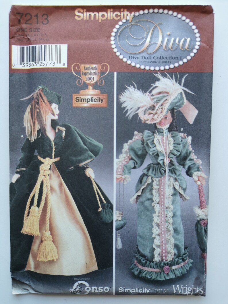 Simplicity 7213 Diva Doll Collection UNCUT Sewing Pattern for Fashion Doll Gowns Barbie Clothes Barbie Historical Dress Pattern