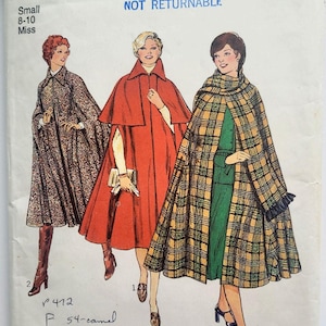 May include: Vintage sewing pattern featuring three cape designs. The capes are in various styles and patterns, including a plaid, a patterned print, and a solid red. The pattern is labeled "Style" and includes sizing information.