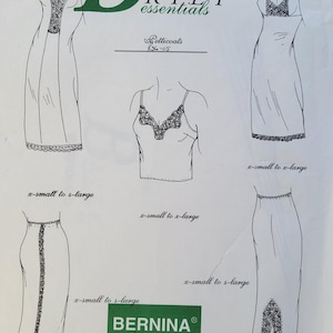 May include: A vintage sewing pattern for lingerie essentials. The image features line drawings of slips, camisoles, and a skirt, all with lace detailing. The pattern includes sizes from x-small to large. The brand name "BERNINA" is visible.
