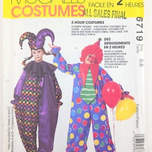 May include: McCall's costume pattern featuring two clown costumes and a jester costume. The clown costume is blue with colorful polka dots, and the jester costume is purple with a checkered pattern. The pattern includes sizes for adults and children.