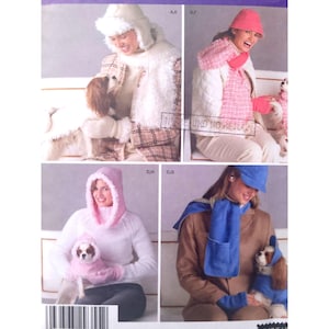 May include: A pattern sheet featuring winter wear. The image shows four panels with women wearing matching hats, scarves, and gloves. Some panels include small dogs in matching outfits. The outfits are in shades of white, pink, and blue.