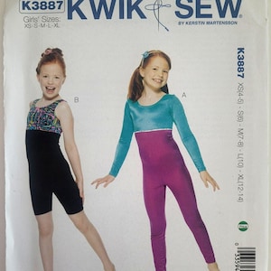 May include: Kwik Sew pattern K3887 for girls' leotards in sizes XS-XL. View B is a sleeveless black unitard with a colorful geometric bodice. View A is a long-sleeved unitard with a teal bodice and purple pants. Includes text K3887 KWIK SEW.