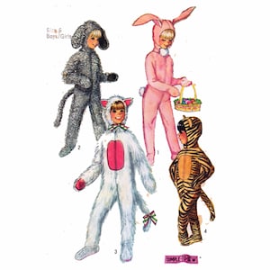 Pode incluir: Uma ilustração de molde de costura para fantasias infantis tamanho 6 com quatro designs de animais: um cão cinza texturizado, um coelho rosa com uma cesta, um gato branco com barriga rosa e laço, e um tigre listrado de preto e laranja.