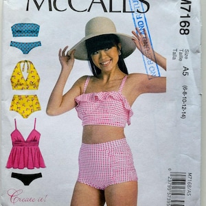 McCalls 7168 Sewing Pattern for Lined Bikini Ruffled Bra Top High Waist Bottoms Sz 6-14 Bust 30.5-36"
