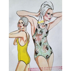 May include: Vintage illustration of two women in swimwear. One wears a yellow swimsuit and a patterned swim cap. The other is in a green and floral patterned swimsuit, with a white towel wrapped around her head. The image has a retro aesthetic.