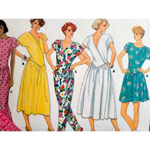 May include: A sewing pattern illustration featuring five different garment styles including a polka dot jumpsuit, a solid yellow dress, a floral print jumpsuit, a solid white dress, and a teal dress with a small white graphic print pattern.
