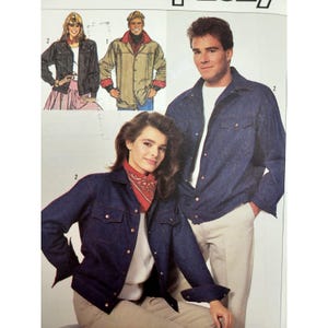 May include: A vintage fashion illustration showcasing denim jackets and other outerwear. The image features different styles of jackets, including a classic denim jacket and a tan jacket with a red collar. The models are wearing casual outfits with the jackets.