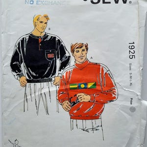 May include: Vintage Kwik Sew pattern 1925 showing illustrations of two long-sleeved shirts. One is black with white trim and a pocket, the other is red with a geometric design. Sizes S-M-L-XL are included.