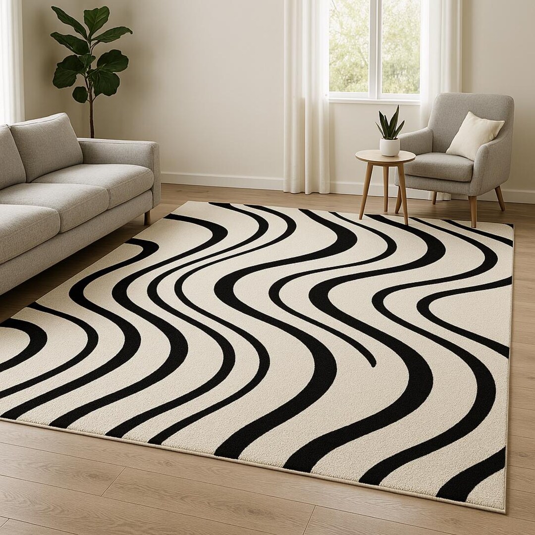 Wavy Line Area Rug Black and Cream Abstract Carpet Mid Living Room Rug ...