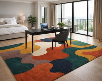 Mid Century Modern Abstract Wavy Rug, Retro 70s Groovy Boho Carpet, Colorful Floor Decor