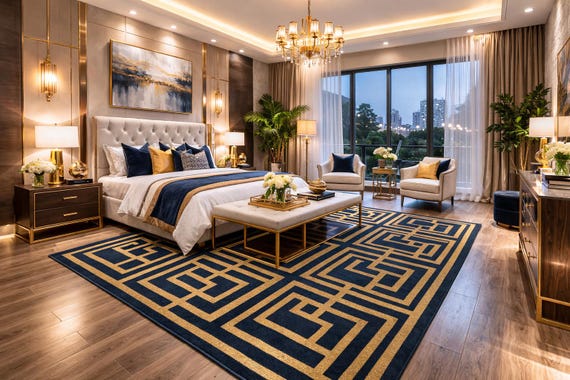Navy Blue and Gold Geometric Area Rug Art Deco Greek Key Inspired Carpet Mid