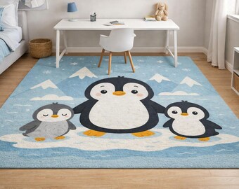 Hand-Tufted New Zealand Wool Kids Rug: Penguin Family Nursery Decor