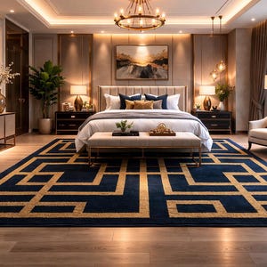 Alfombra geométrica azul marino y dorada con diseño art déco de clave griega imagen 2