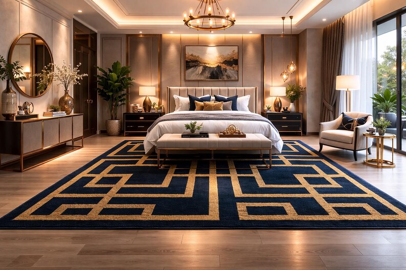 Alfombra geométrica azul marino y dorada con diseño art déco de clave griega imagen 2