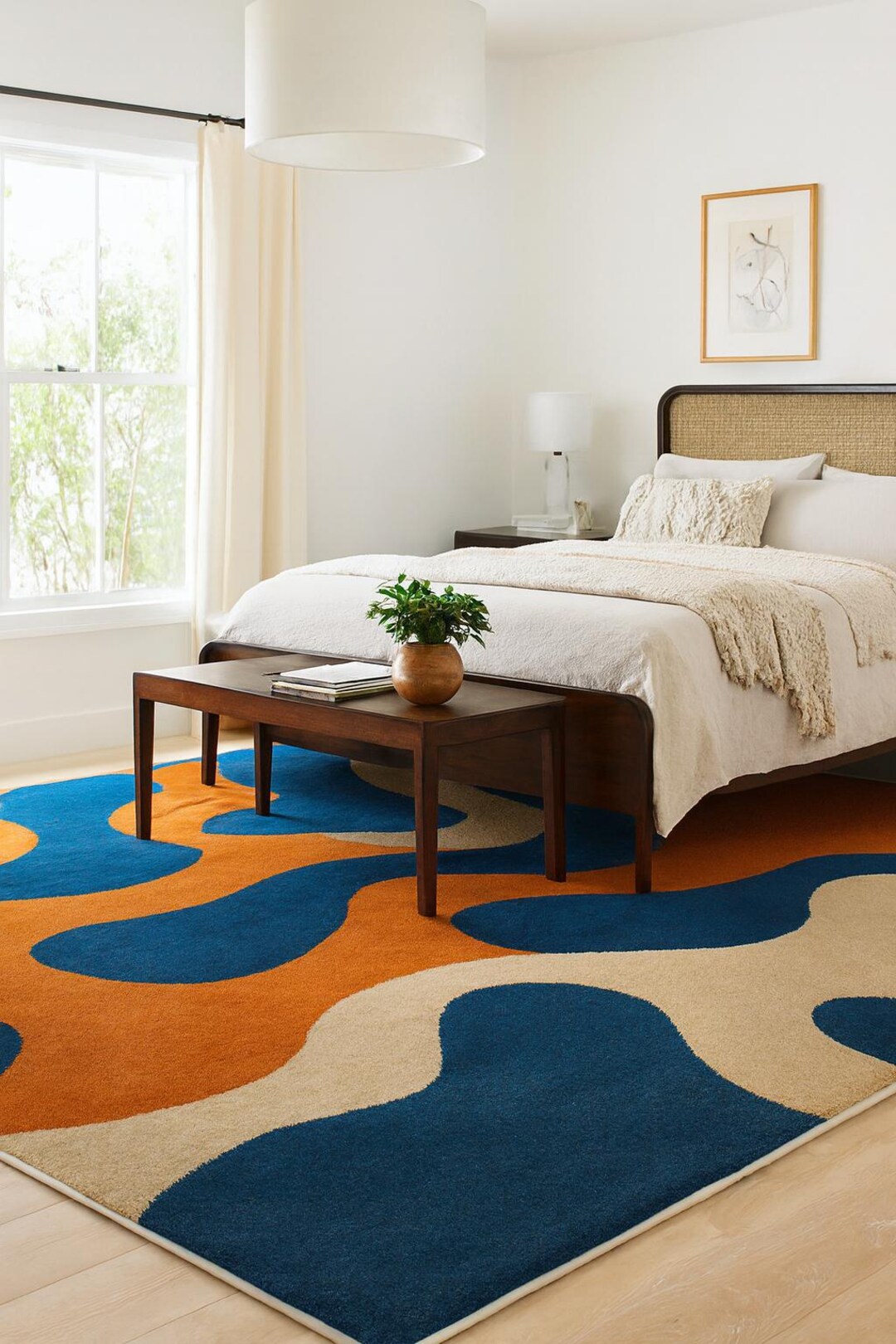 Retro Abstract Wavy Shag Carpet: Blue, Orange, Beige Geometric Area Rug ...