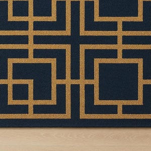 Alfombra geométrica azul marino y dorada con diseño art déco de clave griega imagen 5