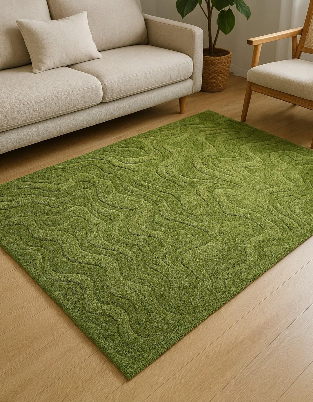 Modern Green Wavy Rug – Textured NZ Wool Carpet for Living Room ...