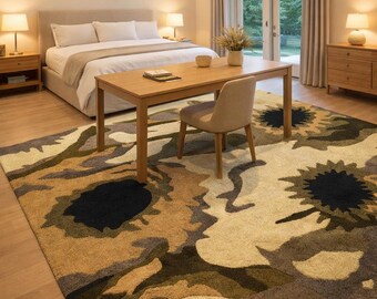 Alfombra moderna con diseño botánico de girasoles / Alfombra para sala de estar y dormitorio en tonos tierra