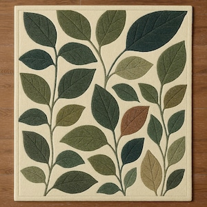 Botanical Hand-Tufted Rug – Beige & Green Leaf Design | Nature-Inspired Area Rug for Living Room or Bedroom