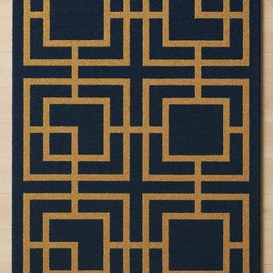 Alfombra geométrica azul marino y dorada con diseño art déco de clave griega imagen 4