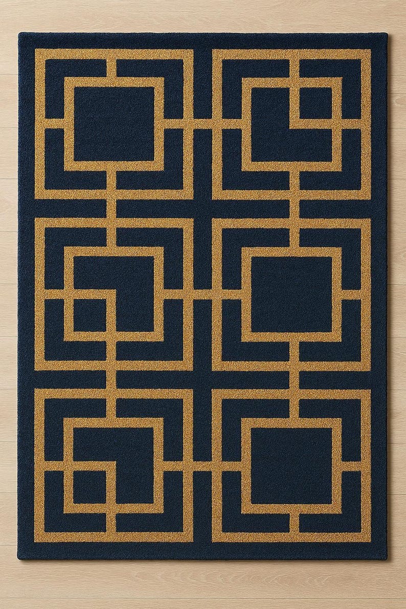 Alfombra geométrica azul marino y dorada con diseño art déco de clave griega imagen 4