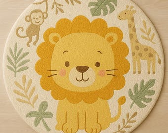 Jungle Safari Round Rug: Hand-Tufted NZ Wool Nursery Carpet with Lion, Monkey, Giraffe