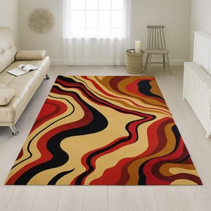 Modern Abstract Area Rug – Red, Black & Beige Wavy Pattern | Hand-Tufted Statement Carpet for Living Room or Bedroom
