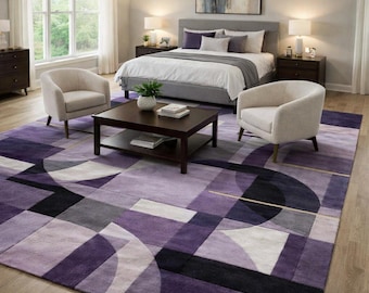 Alfombra abstracta geométrica morada, arte de suelo moderno en gris lavanda, alfombra para sala de estar de mediados de siglo
