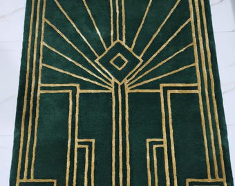 Alfombra Art Déco con diseño de rayos de sol en verde esmeralda y dorado – Alfombra geométrica tejida a mano para sala de estar