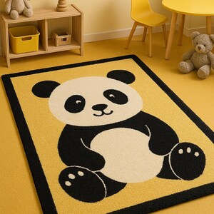 Hand-Tufted NZ Wool Panda Rug: Yellow & Black Nursery Decor