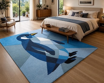 Alfombra geométrica de pingüinos – Lana neozelandesa tejida a mano, decoración moderna de mosaico animal