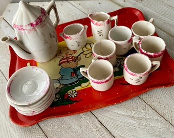 Antique Child’s Porcelain Dinnerware and Tea Set, Children’s Toys, Children’s Keepsake, Play Dinner Set, Doll Tea Set, 16 Piece Set