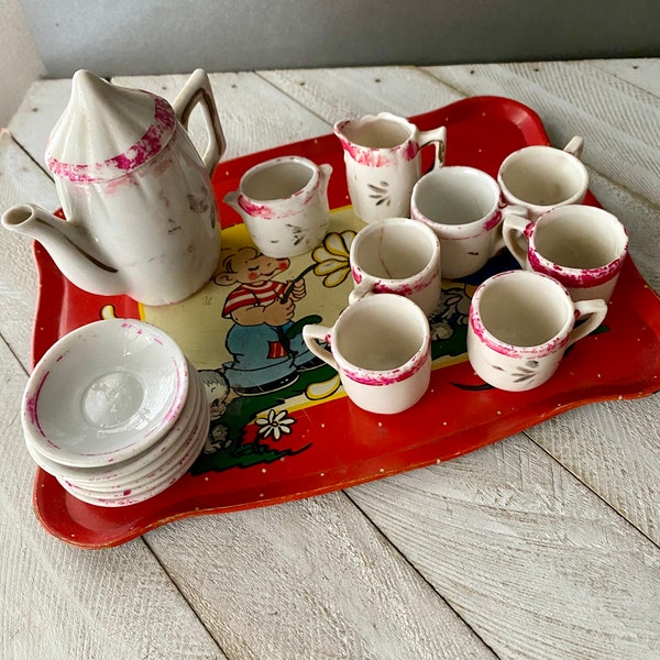 Antique Child’s Porcelain Dinnerware and Tea Set, Children’s Toys, Children’s Keepsake, Play Dinner Set, Doll Tea Set, 16 Piece Set
