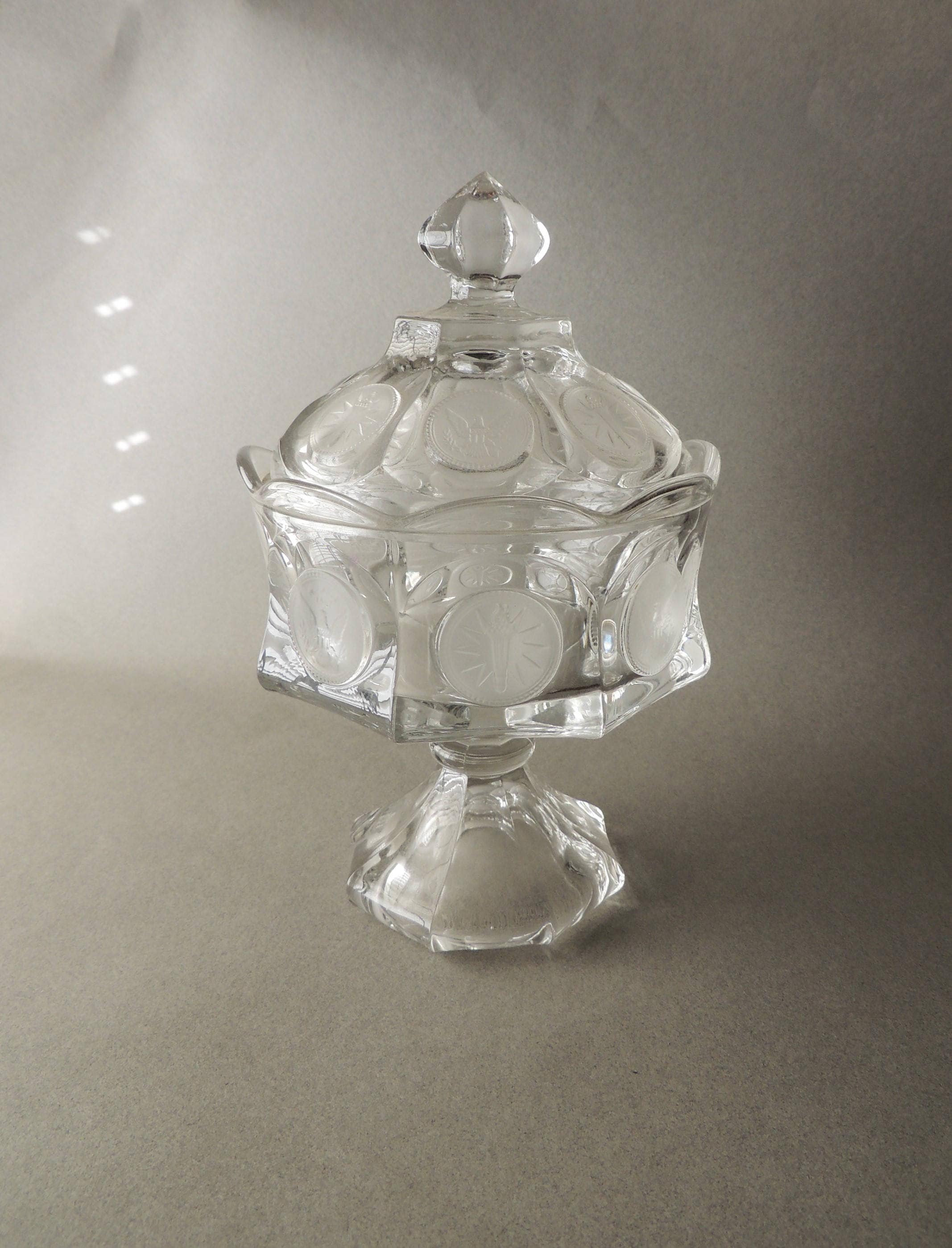 Vintage Glass Candy Dish, Lidded Candy Dish, Etched Glass Design