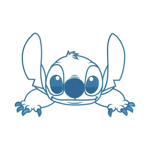Puede incluir: Un dibujo lineal azul del personaje Stitch de la película de Disney Lilo & Stitch. La imagen muestra a Stitch tumbado con los brazos y las piernas estirados. Sus grandes orejas también son visibles.