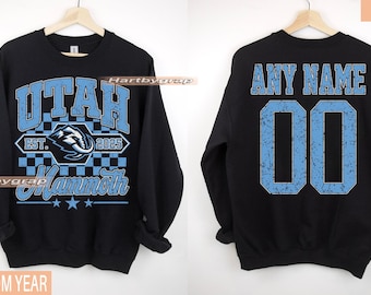 Personalisiertes Utah Mammut-Sweatshirt, Utah Mammoth Rundhalsausschnitt, Utah Hockey-Shirt, kundenspezifisches Hockey-Shirt, Hockey-Nummern-Shirt