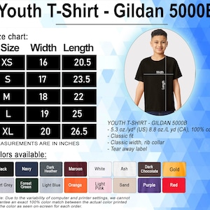 May include: A product image showcasing a black youth t-shirt from Gildan 5000B. The image includes a size chart with measurements in inches, color options, and a young person wearing the shirt. The shirt is 100% cotton.