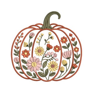 Floral pumpkin embroidery design, autumn pumpkin with flowers, fall harvest embroidery pattern, rustic farmhouse decor